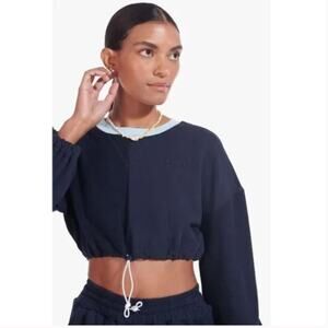New Staud Cropped Bungee Sweatshirt Deep Sea Blue Cotton Sz XS
